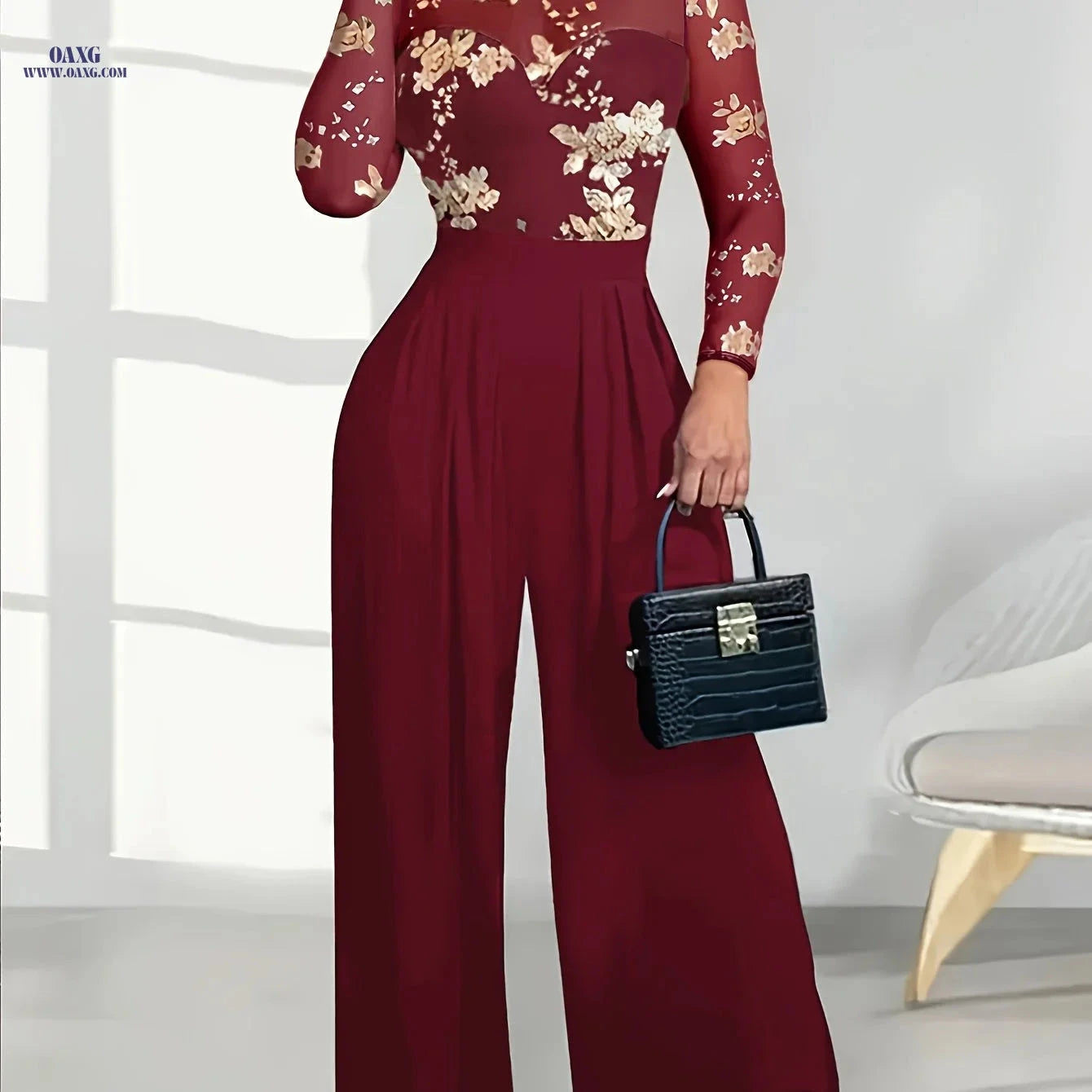 Elegant Printed Patchwork High-Waist Jumpsuit for Spring & Fall   OAXG 