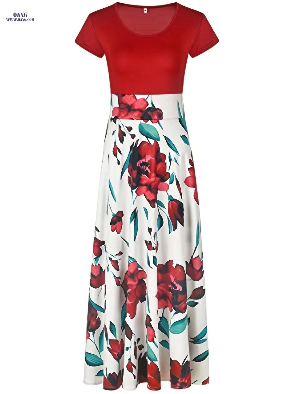 Elegant Printed Splicing Crew Neck Dress - Slim Waist Maxi Style   OAXG 