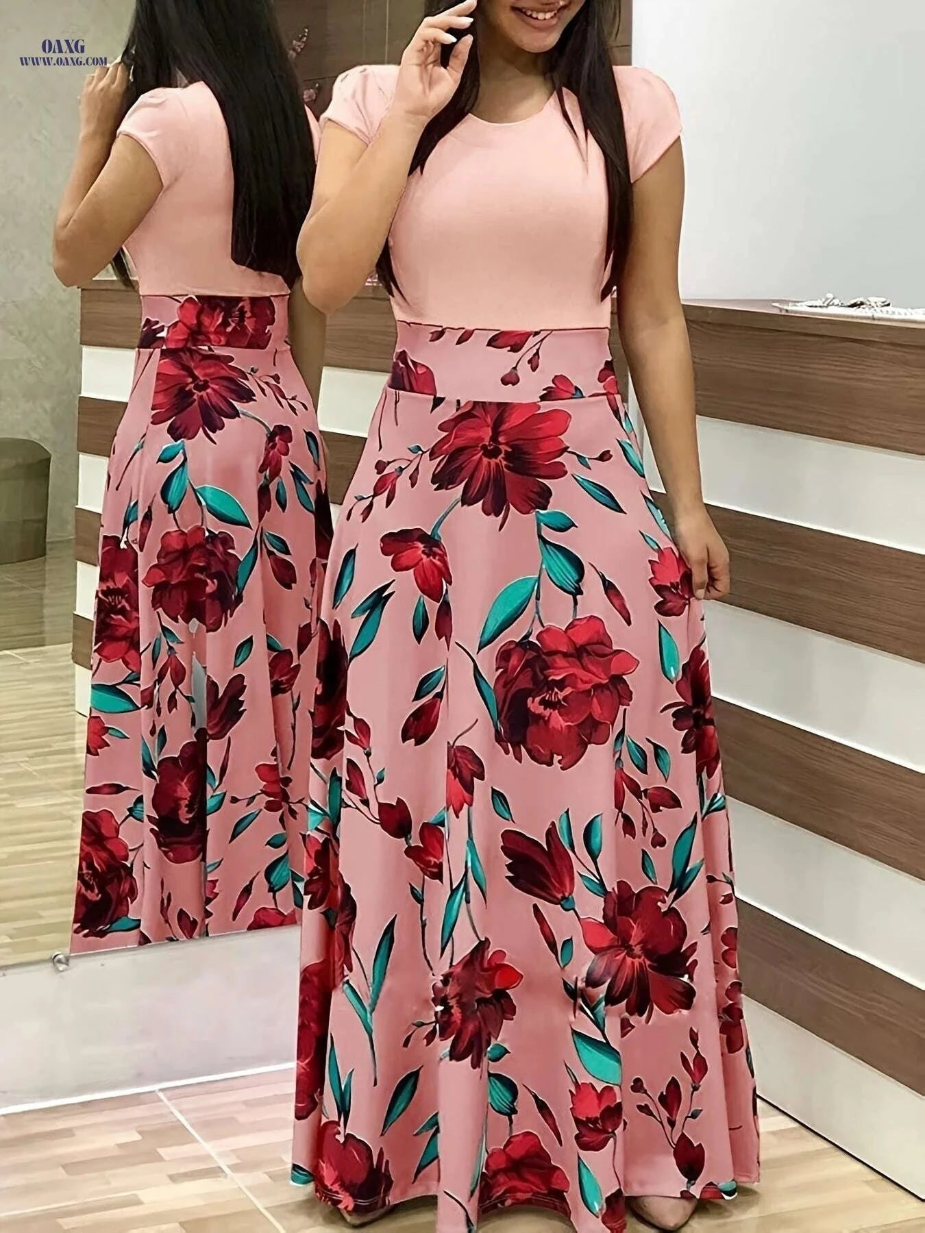 Elegant Printed Splicing Crew Neck Dress - Slim Waist Maxi Style   OAXG 