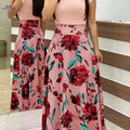 Elegant Printed Splicing Crew Neck Dress - Slim Waist Maxi Style   OAXG Pink Red / XXL