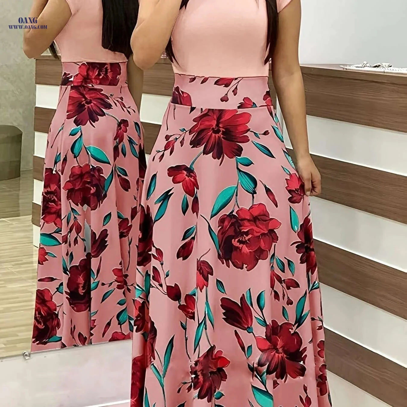 Elegant Printed Splicing Crew Neck Dress - Slim Waist Maxi Style   OAXG Pink Red / XXL
