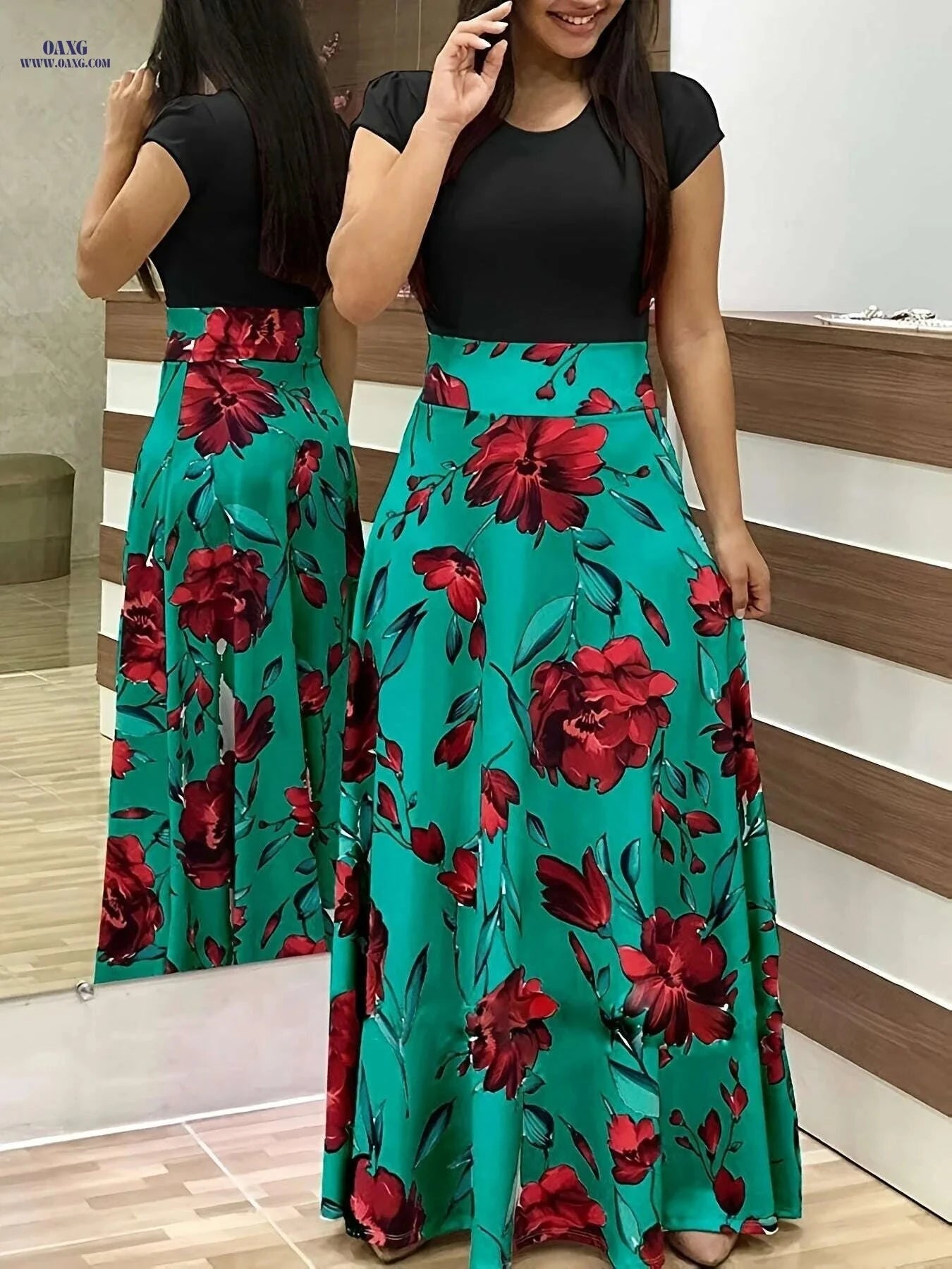 Elegant Printed Splicing Crew Neck Dress - Slim Waist Maxi Style   OAXG Pink Red / XXL
