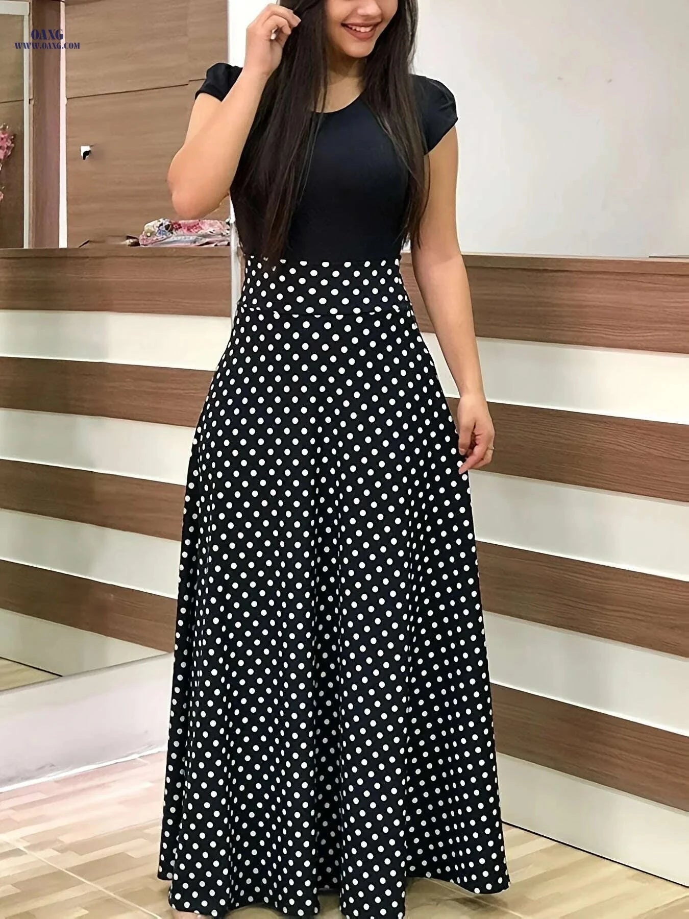 Elegant Printed Splicing Crew Neck Dress - Slim Waist Maxi Style   OAXG Pink Red / XXL