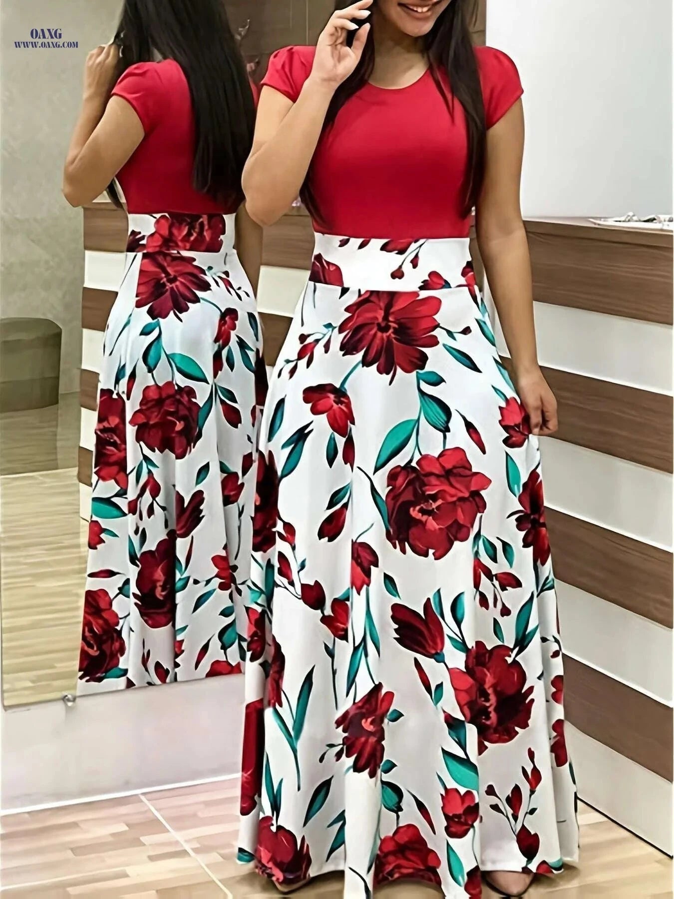 Elegant Printed Splicing Crew Neck Dress - Slim Waist Maxi Style   OAXG Pink Red / XXL