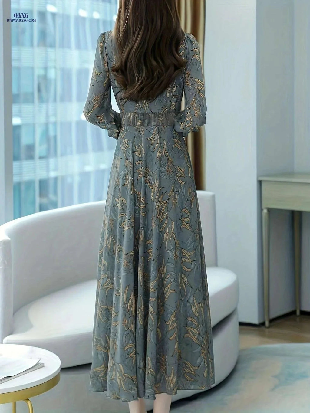 Elegant Printed Waist-Cinching Dress - Long Sleeve Casual Wear   OAXG Mixed Color / S