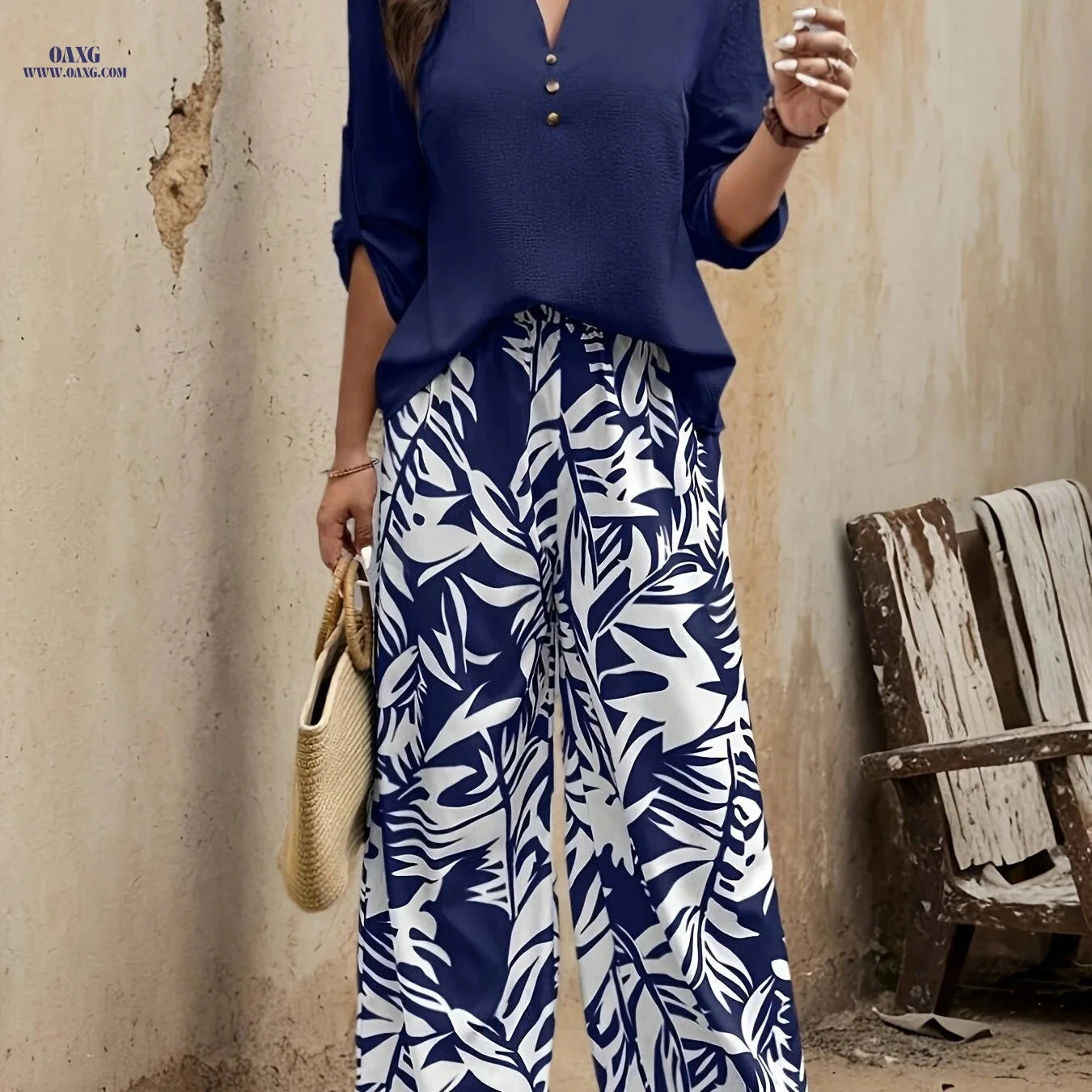Elegant Pullover Long Sleeve Top & Pants Set - Spring-Summer Fashion   OAXG Navy Color / XS