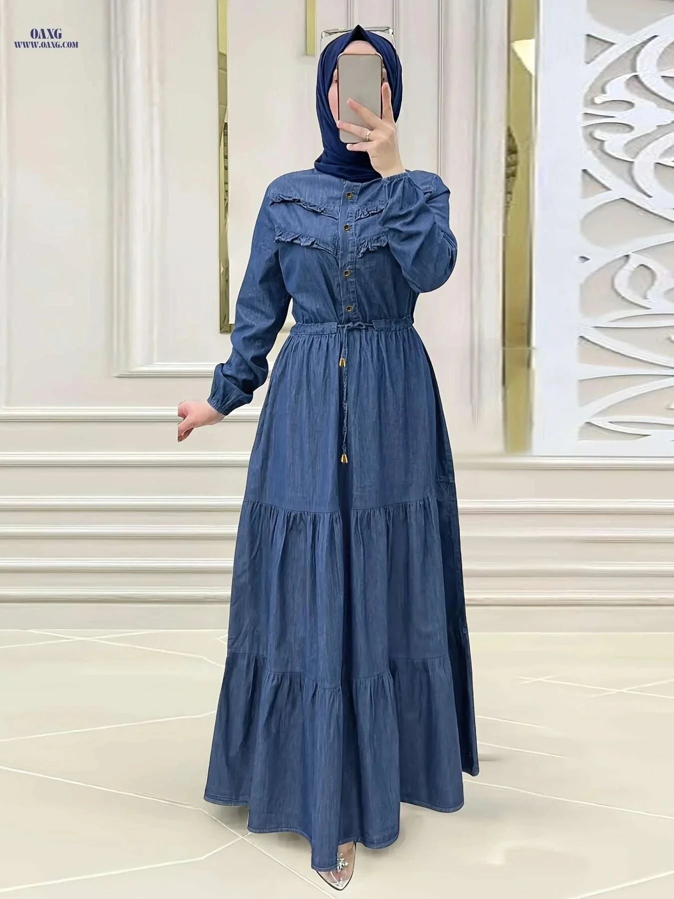 Elegant Ramadan Button Front Dress - Modest Loose Maxi Style   OAXG 