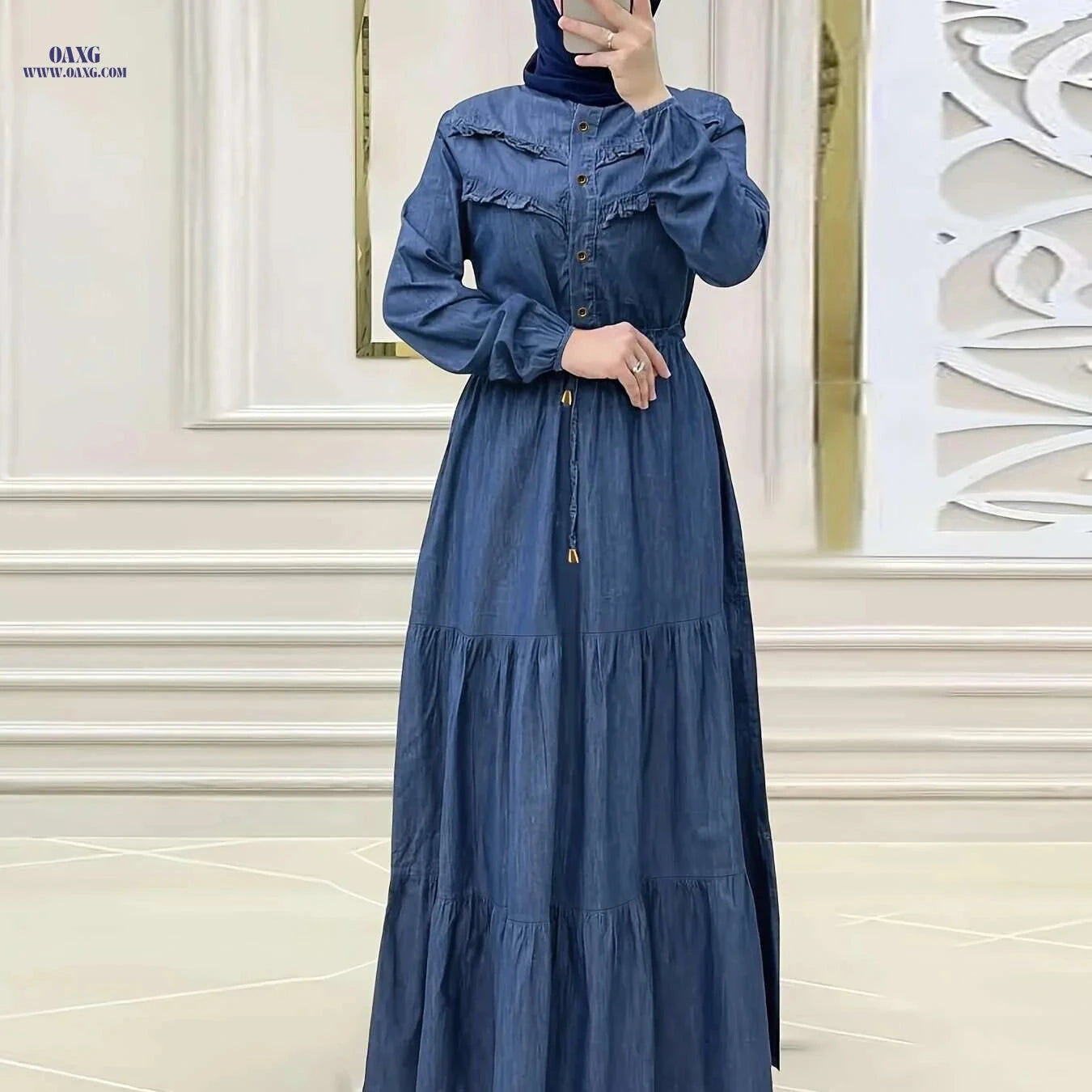 Elegant Ramadan Button Front Dress - Modest Loose Maxi Style   OAXG Navy Blue / S