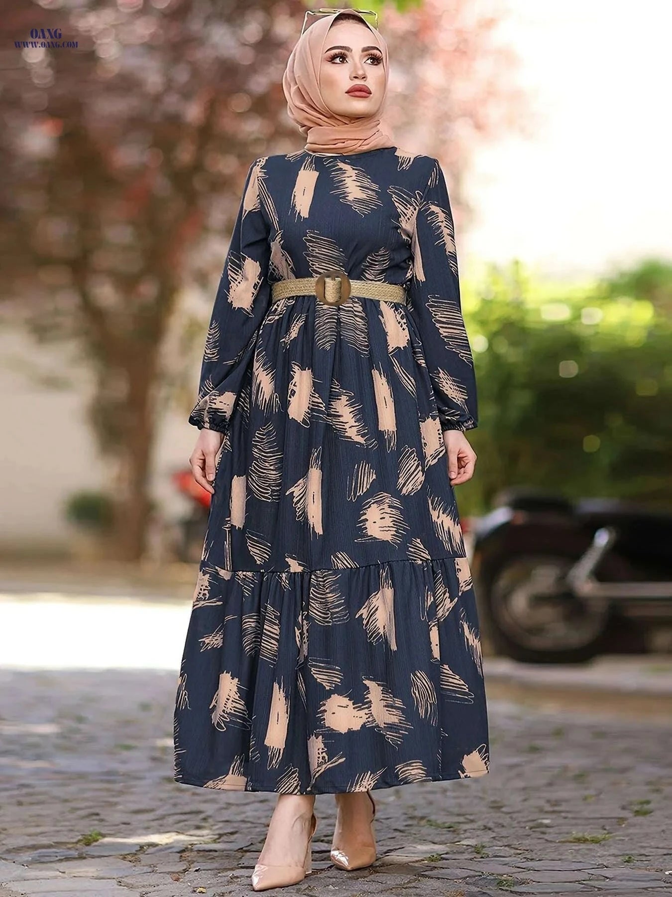 Elegant Ramadan Chic Kaftan Dress - Vibrant Casual Long Sleeve Maxi   OAXG Navy Blue / S