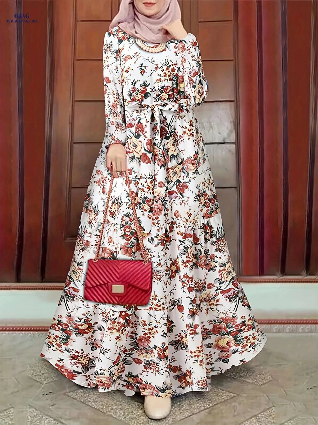Elegant Ramadan Floral Print Maxi Dress - Women's Long Sleeve Abaya   OAXG 