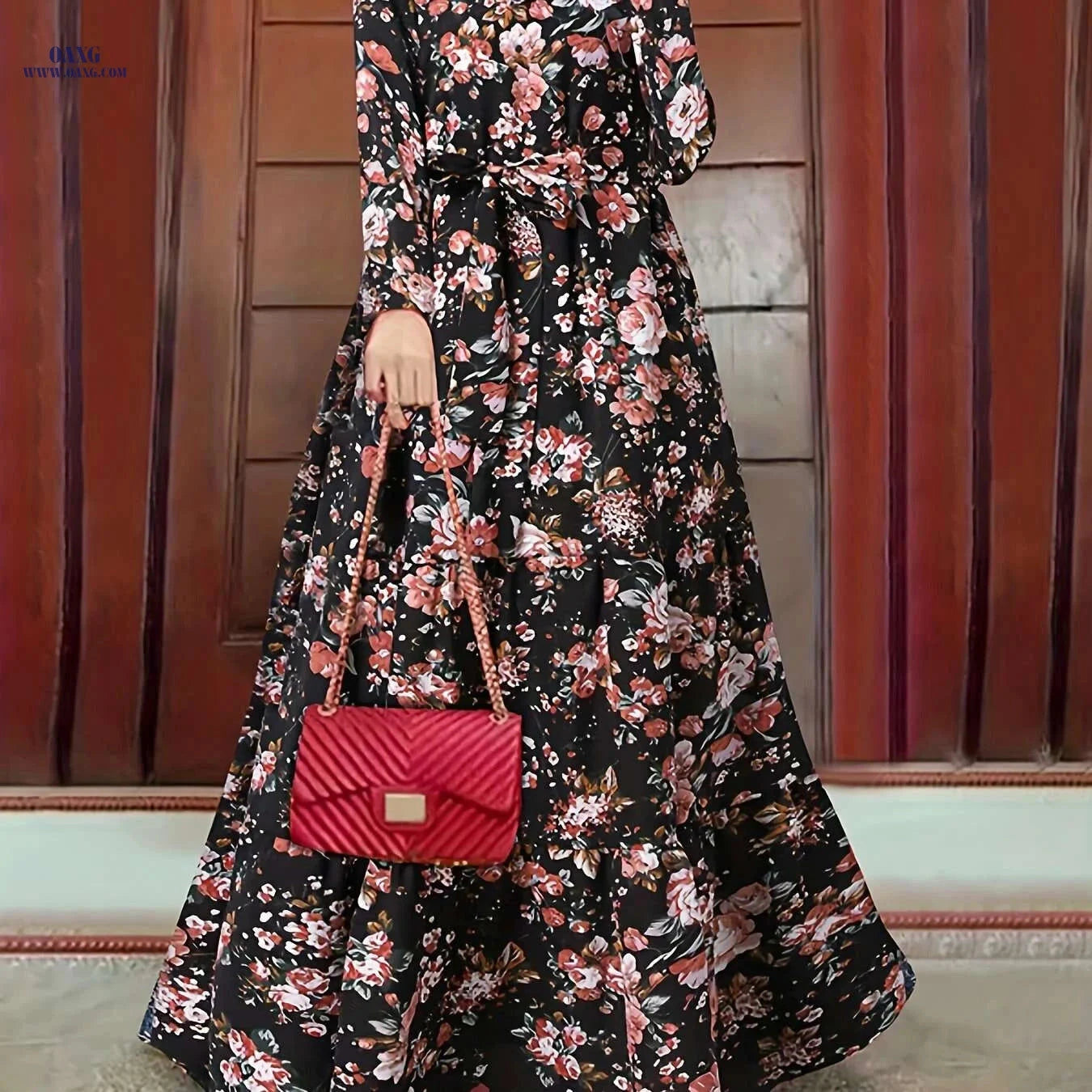 Elegant Ramadan Floral Print Maxi Dress - Women's Long Sleeve Abaya   OAXG 