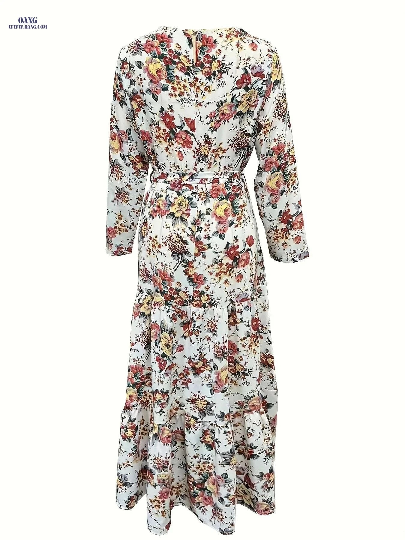 Elegant Ramadan Floral Print Maxi Dress - Women's Long Sleeve Abaya   OAXG White / S