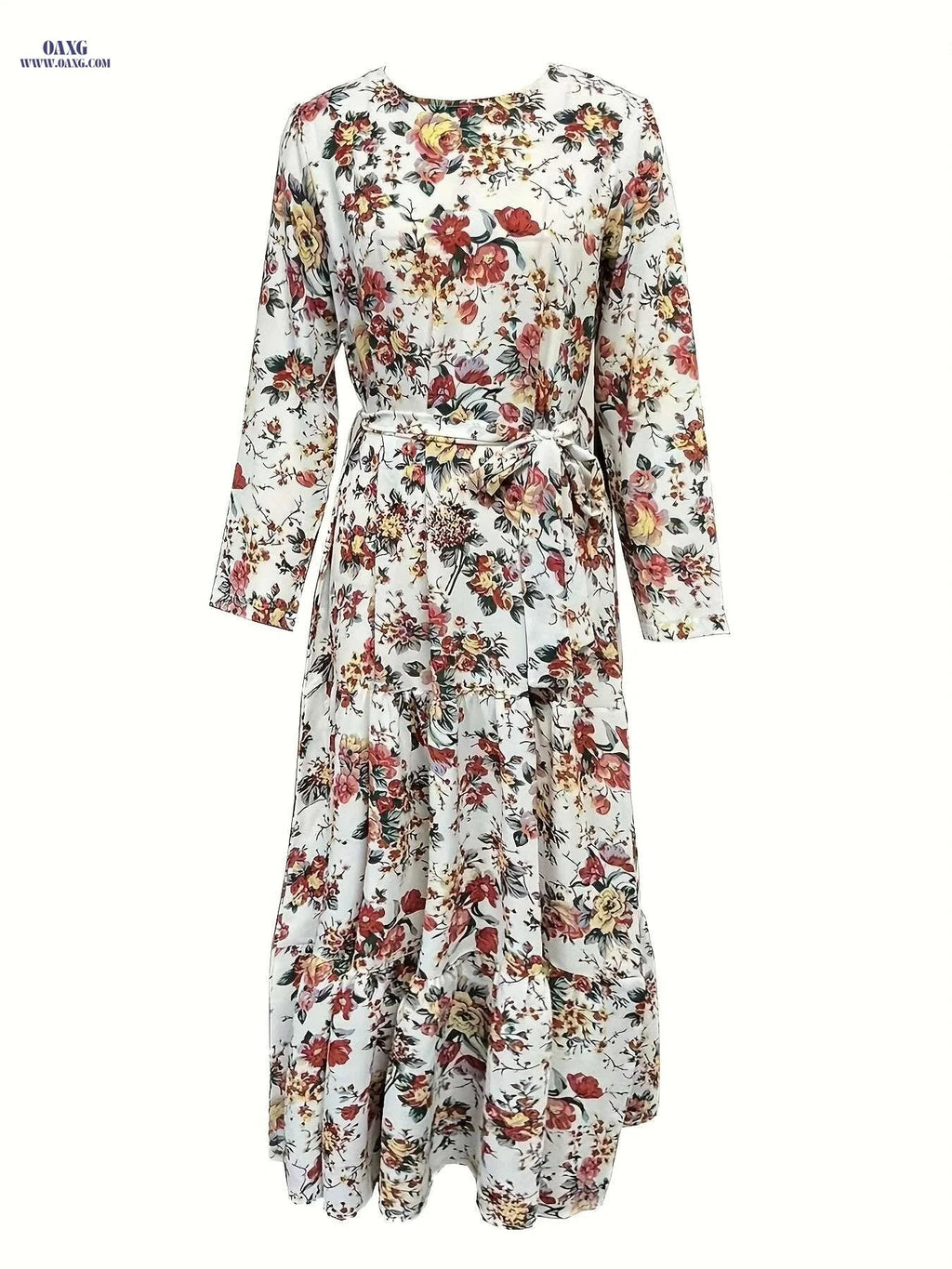 Elegant Ramadan Floral Print Maxi Dress - Women's Long Sleeve Abaya   OAXG White / S