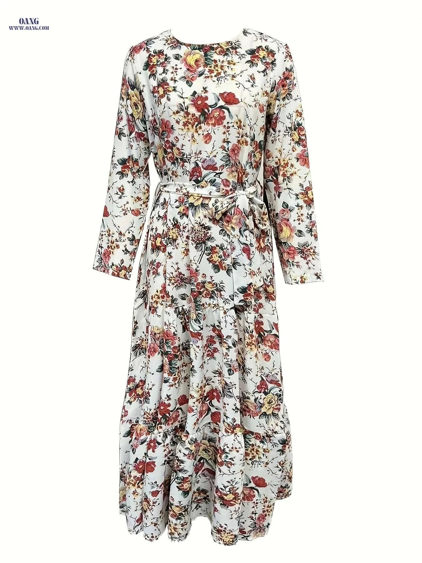 Elegant Ramadan Floral Print Maxi Dress - Women's Long Sleeve Abaya   OAXG White / S