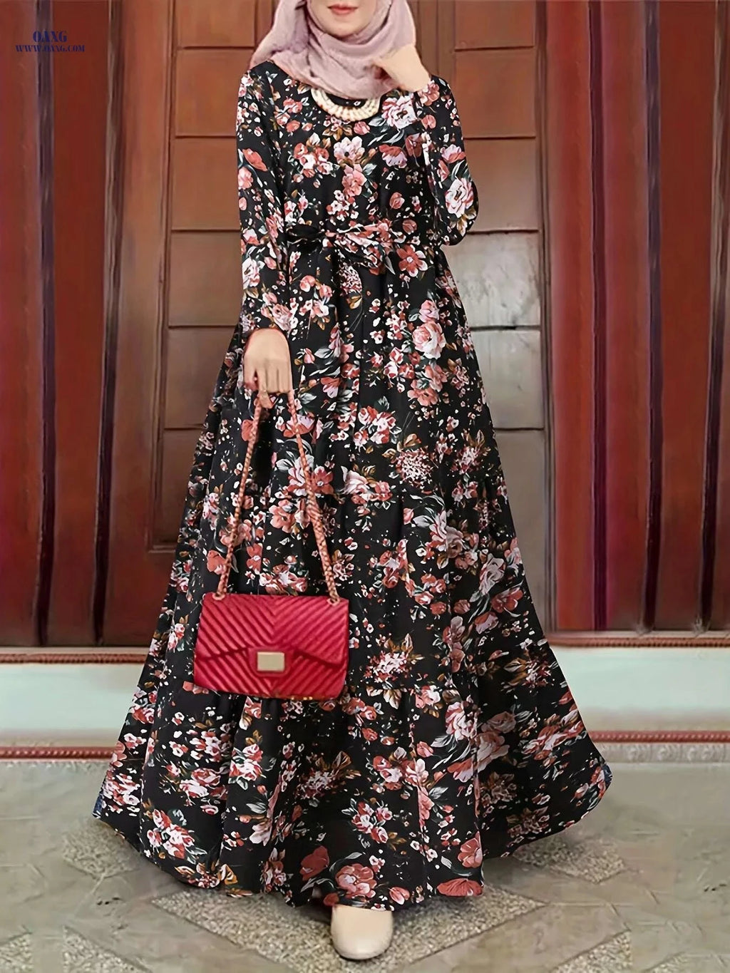Elegant Ramadan Floral Print Maxi Dress - Women's Long Sleeve Abaya   OAXG White / S