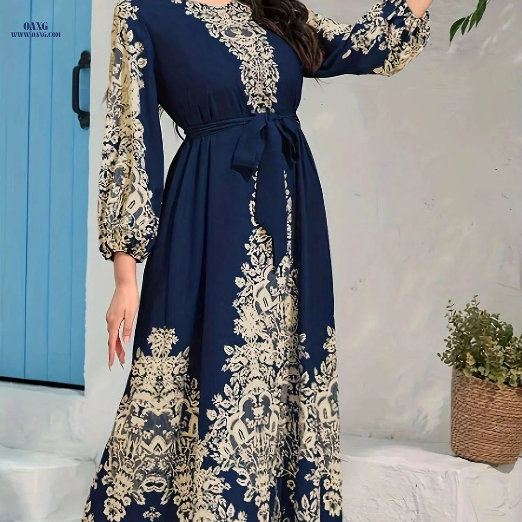 Elegant Ramadan Kaftan Dress - Tie Waist, Lantern Sleeve Maxi   OAXG 