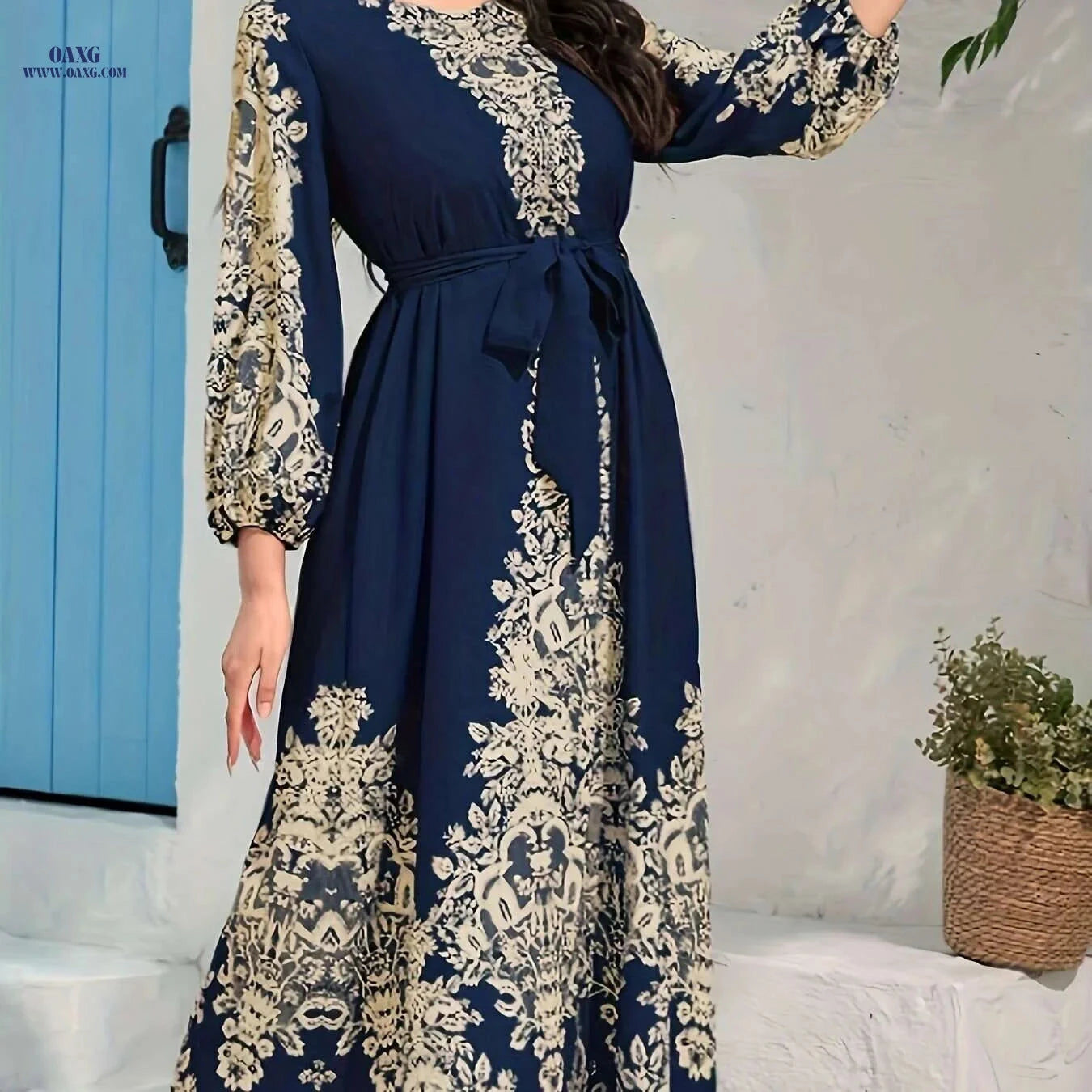 Elegant Ramadan Kaftan Dress - Tie Waist, Lantern Sleeve Maxi   OAXG 