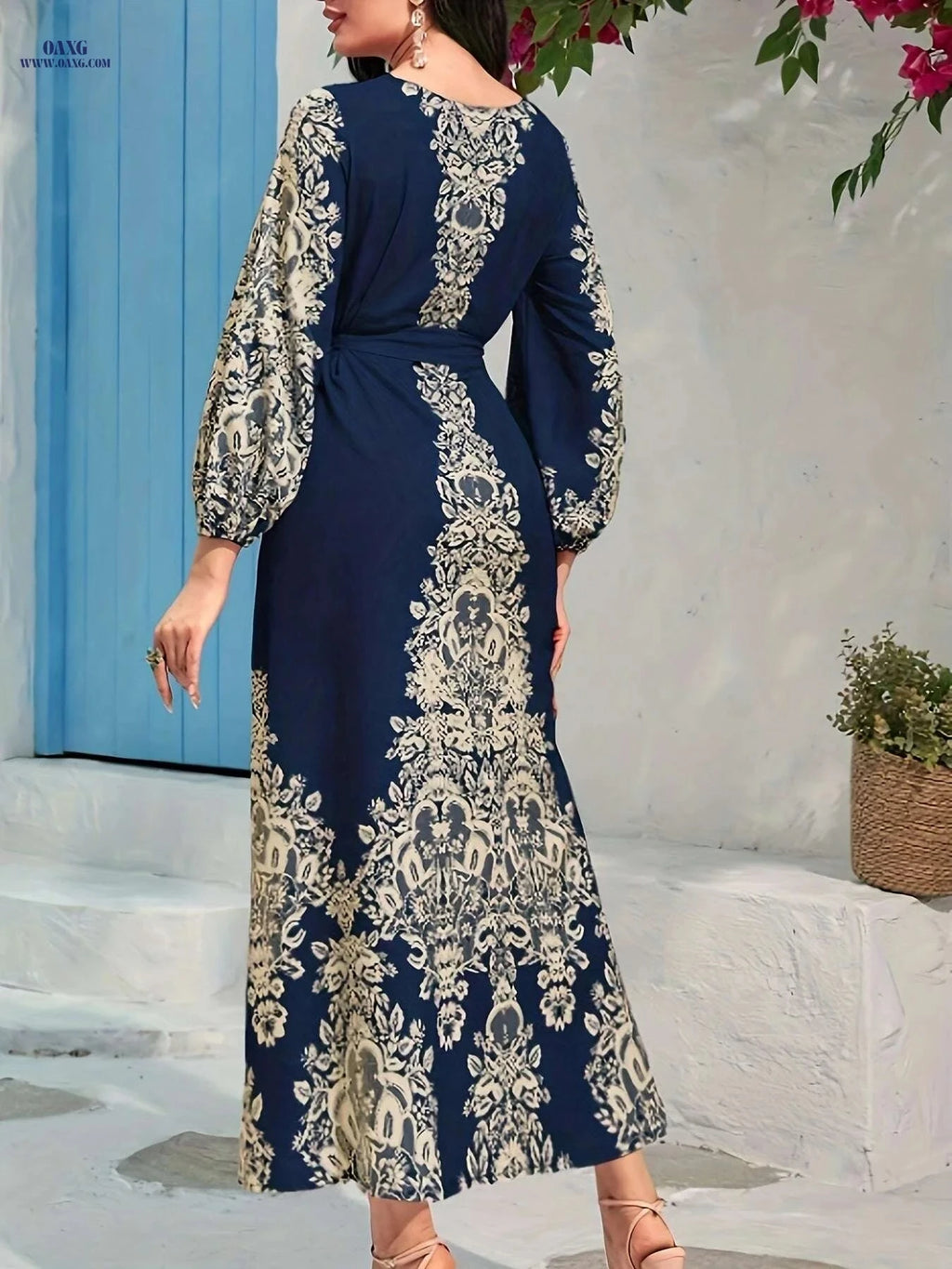 Elegant Ramadan Kaftan Dress - Tie Waist, Lantern Sleeve Maxi   OAXG 