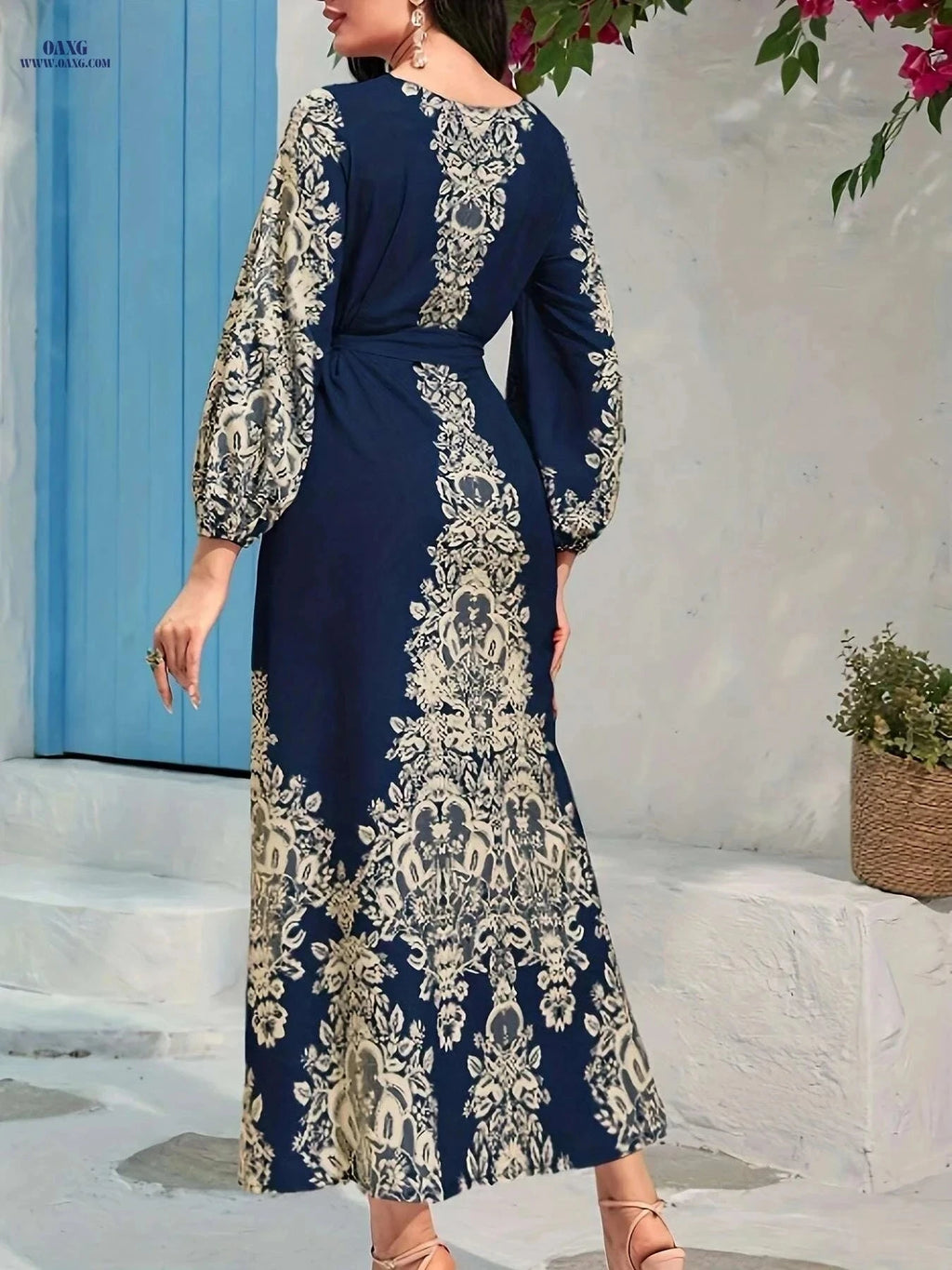 Elegant Ramadan Kaftan Dress - Tie Waist, Lantern Sleeve Maxi   OAXG Navy Blue / S