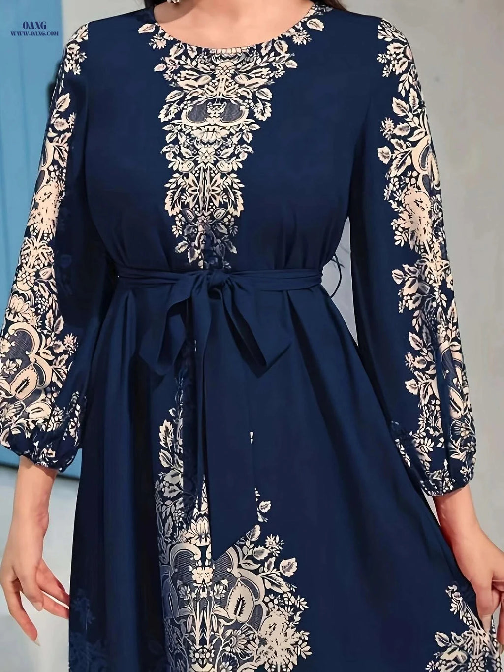 Elegant Ramadan Kaftan Dress - Tie Waist, Lantern Sleeve Maxi   OAXG Navy Blue / S