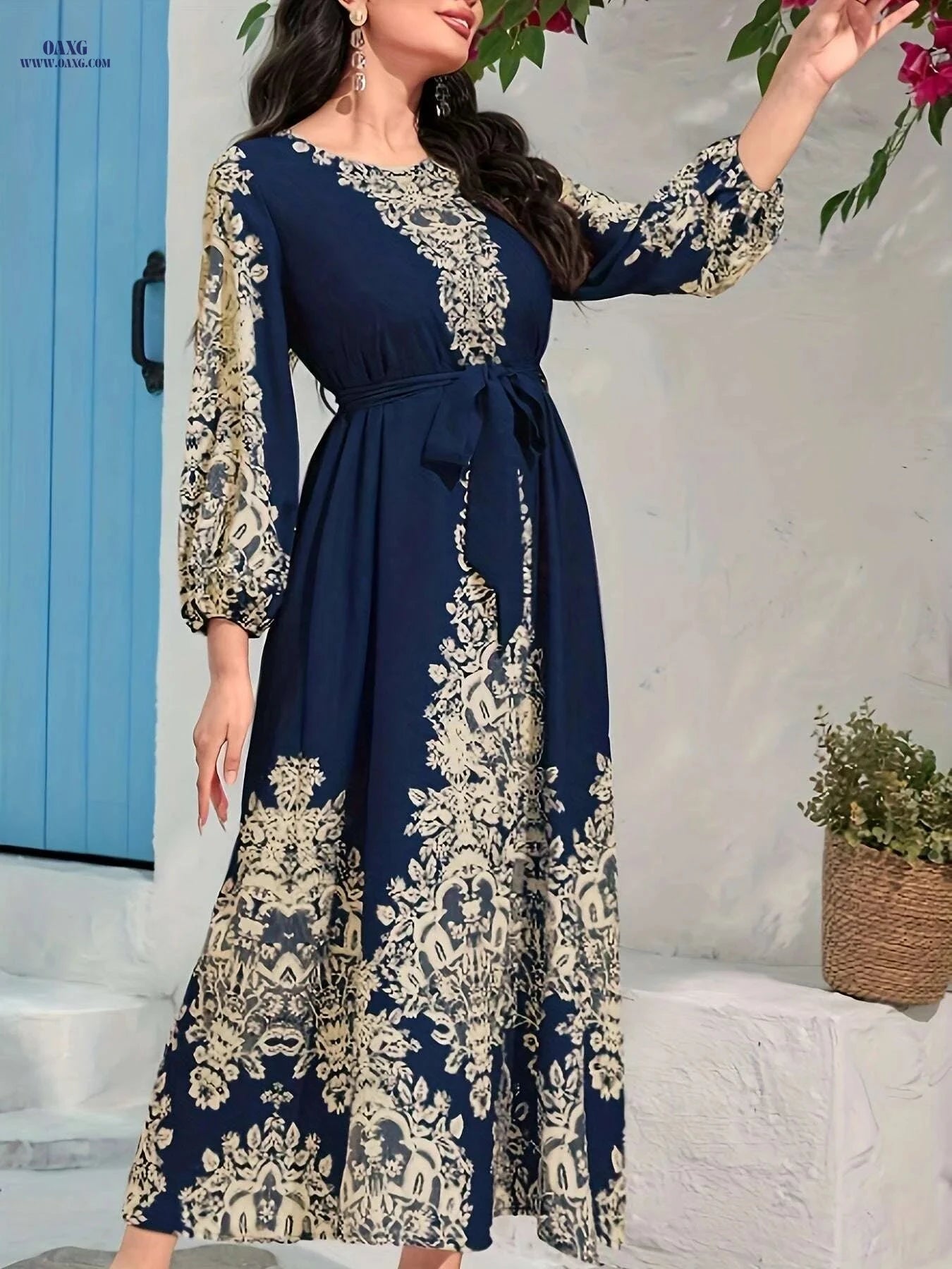 Elegant Ramadan Kaftan Dress - Tie Waist, Lantern Sleeve Maxi   OAXG Navy Blue / S