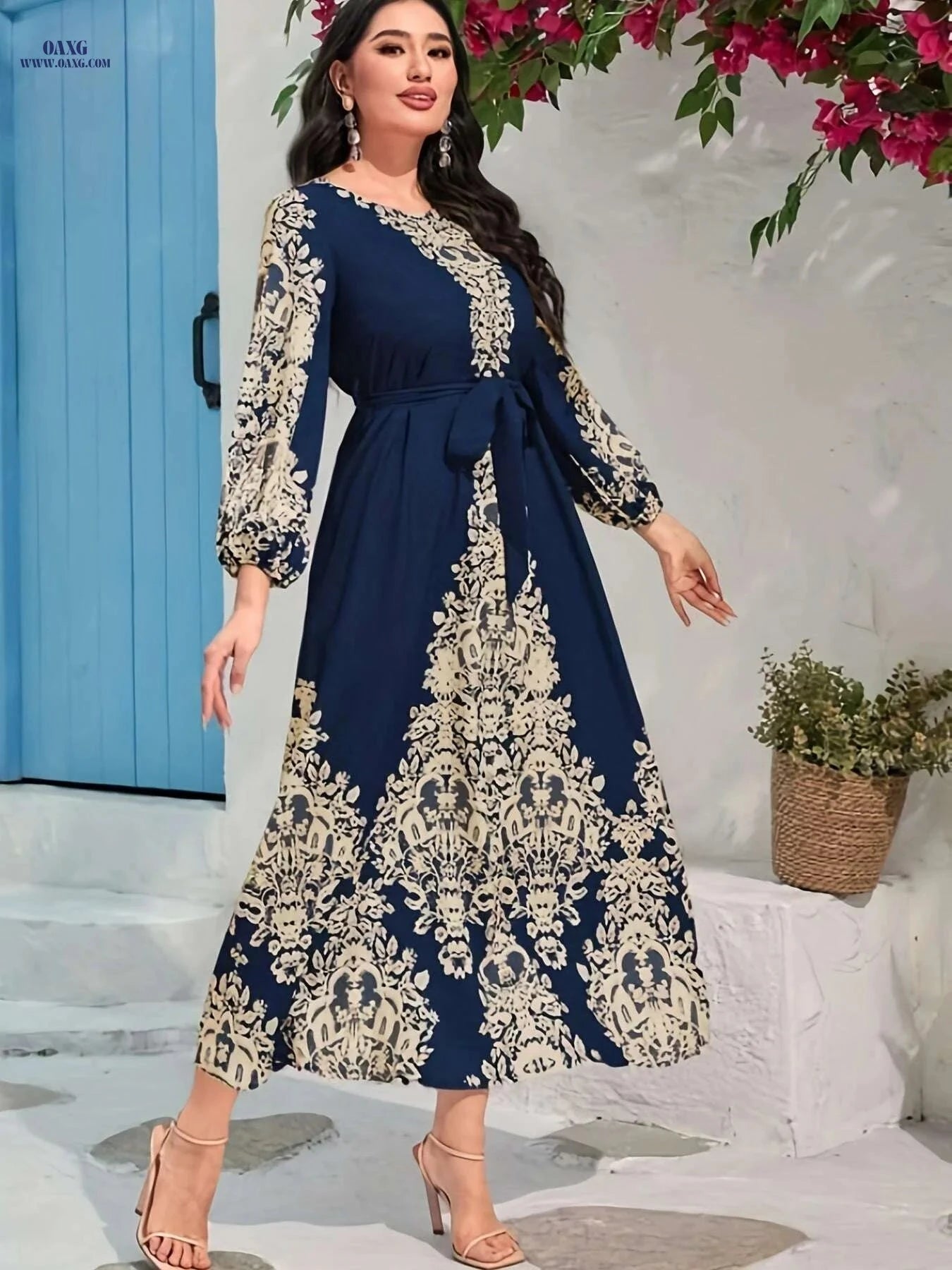 Elegant Ramadan Kaftan Dress - Tie Waist, Lantern Sleeve Maxi   OAXG Navy Blue / S