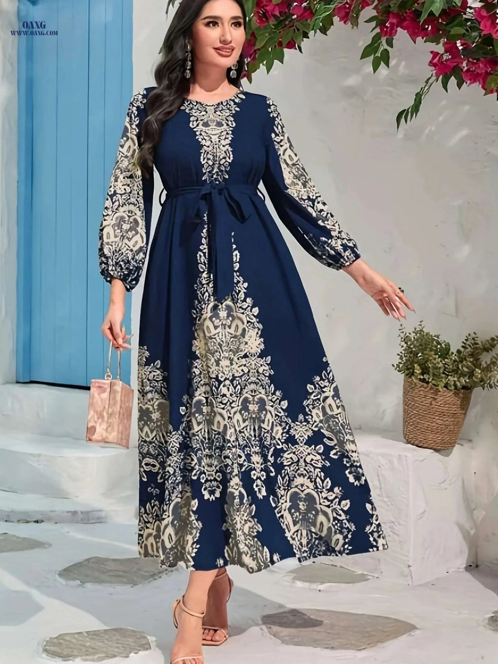 Elegant Ramadan Kaftan Dress - Tie Waist, Lantern Sleeve Maxi   OAXG Navy Blue / S