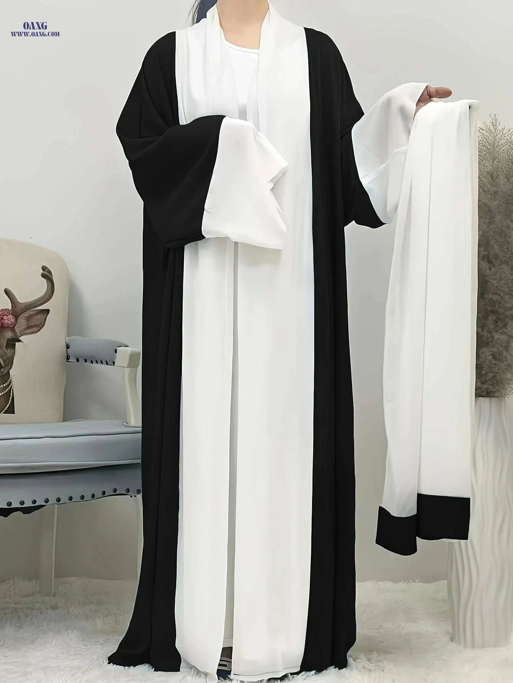 Elegant Ramadan Long Robe Dress - Patchwork Chiffon with Headscarf   OAXG 