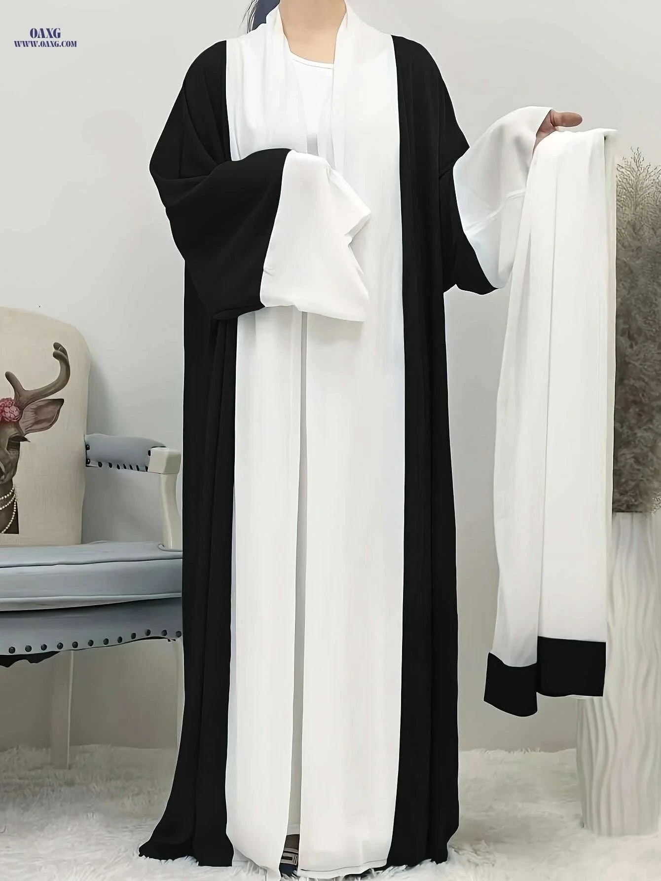 Elegant Ramadan Long Robe Dress - Patchwork Chiffon with Headscarf   OAXG 