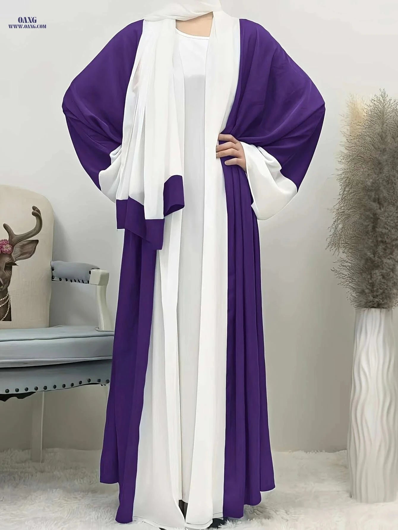 Elegant Ramadan Long Robe Dress - Patchwork Chiffon with Headscarf   OAXG 