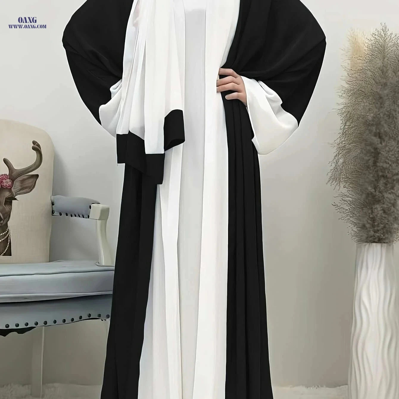 Elegant Ramadan Long Robe Dress - Patchwork Chiffon with Headscarf   OAXG 
