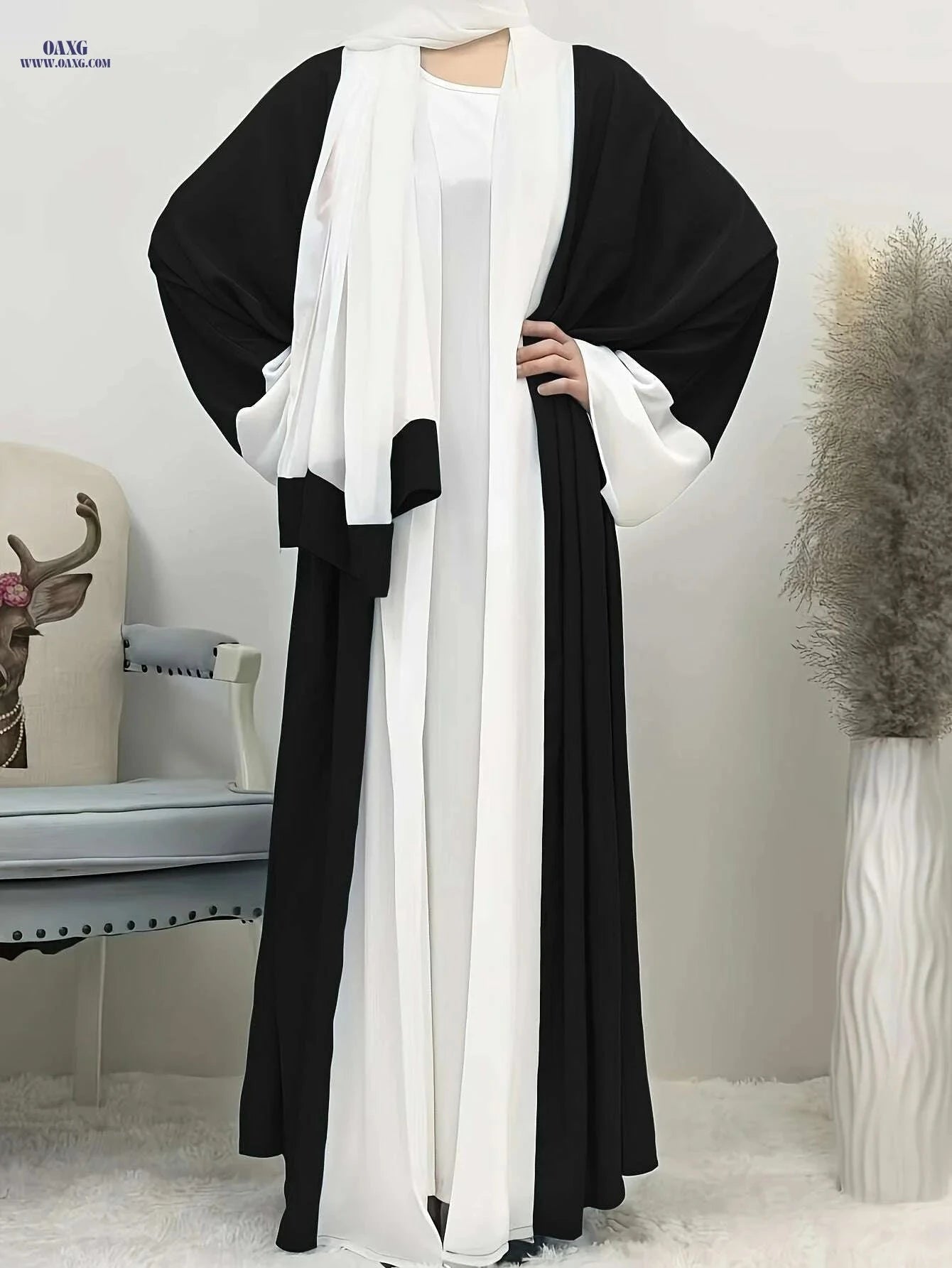 Elegant Ramadan Long Robe Dress - Patchwork Chiffon with Headscarf   OAXG Mixed Color / One-size