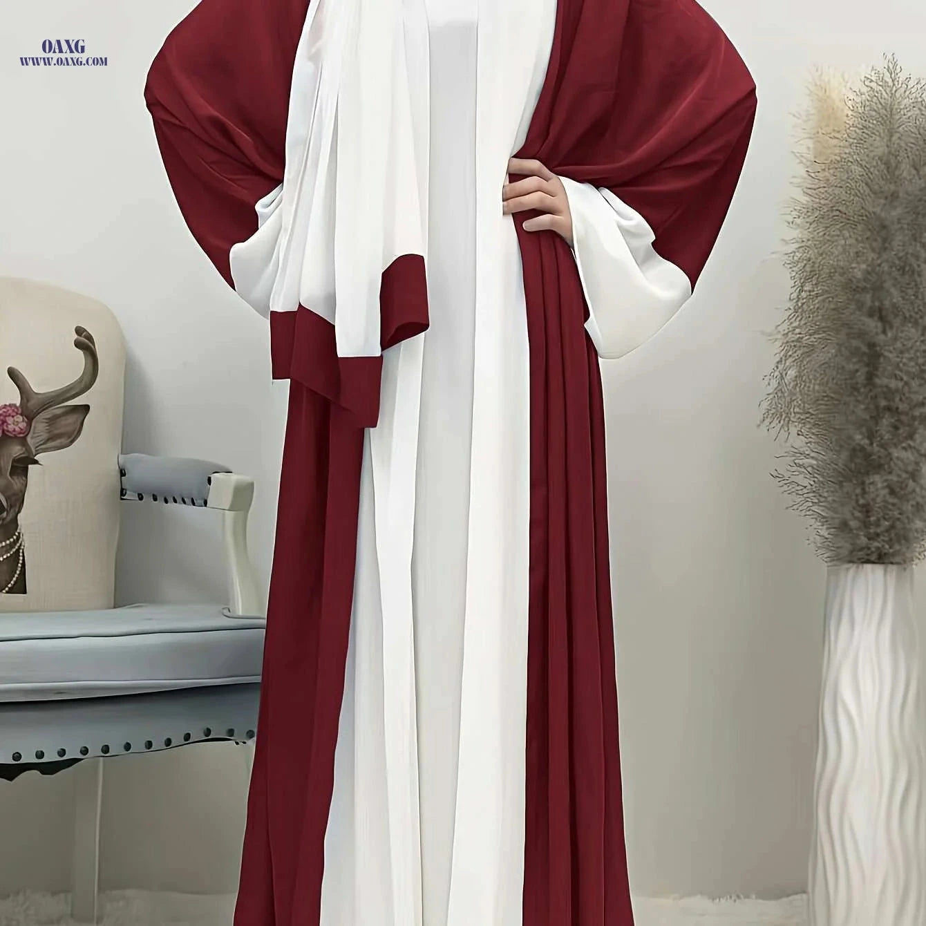 Elegant Ramadan Long Robe Dress - Patchwork Chiffon with Headscarf   OAXG Mixed Color / One-size