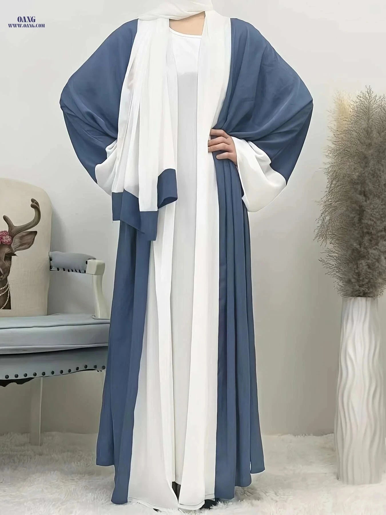 Elegant Ramadan Long Robe Dress - Patchwork Chiffon with Headscarf   OAXG Mixed Color / One-size