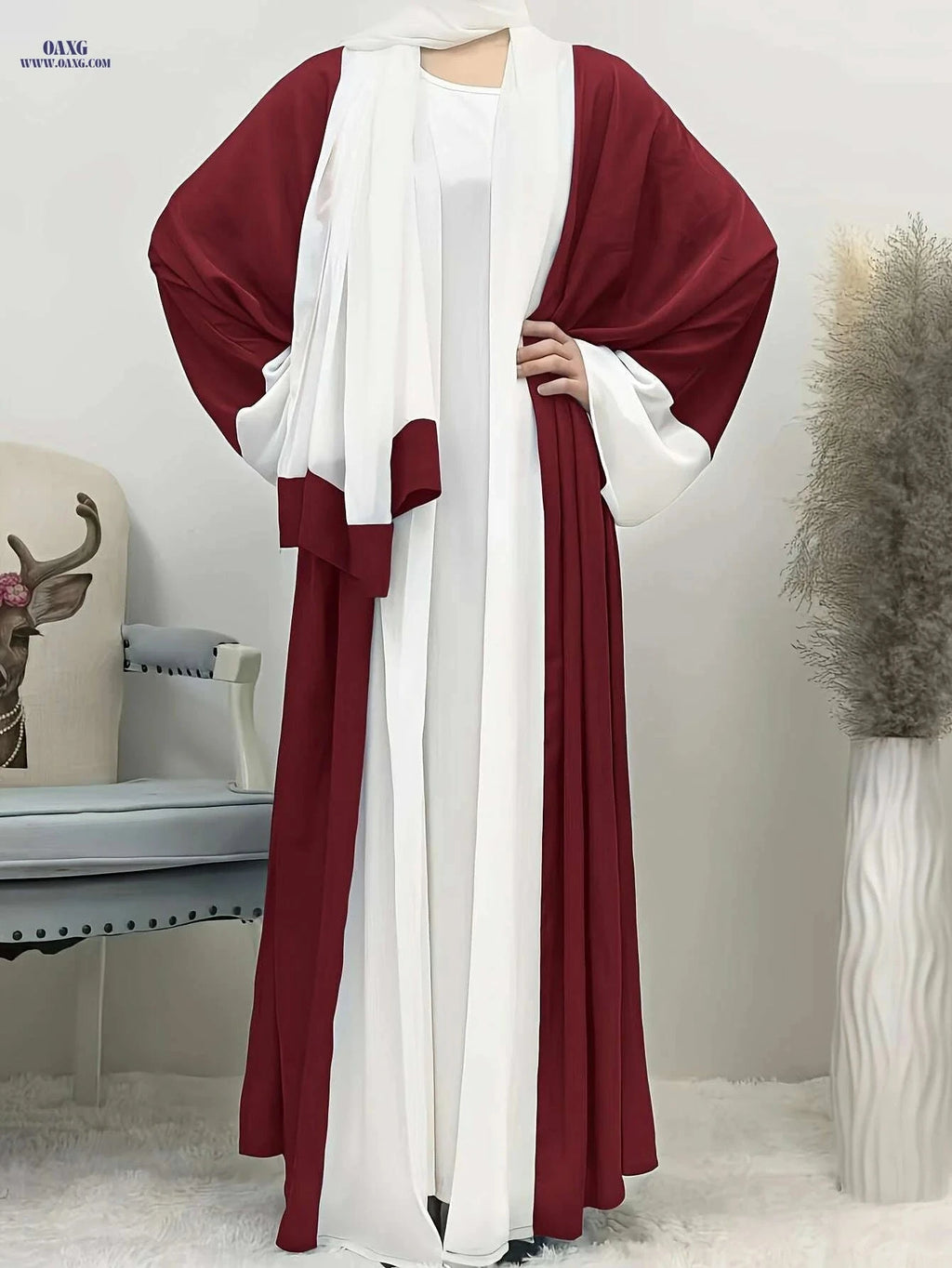 Elegant Ramadan Long Robe Dress - Patchwork Chiffon with Headscarf   OAXG Mixed Color / One-size