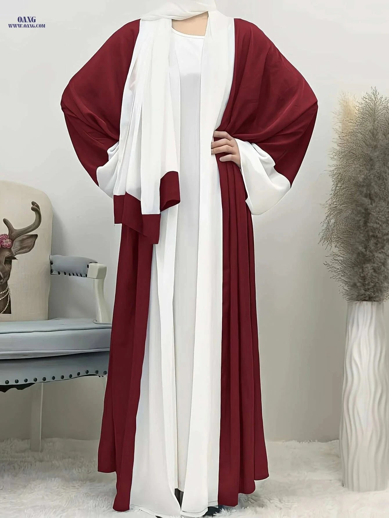 Elegant Ramadan Long Robe Dress - Patchwork Chiffon with Headscarf   OAXG Mixed Color / One-size