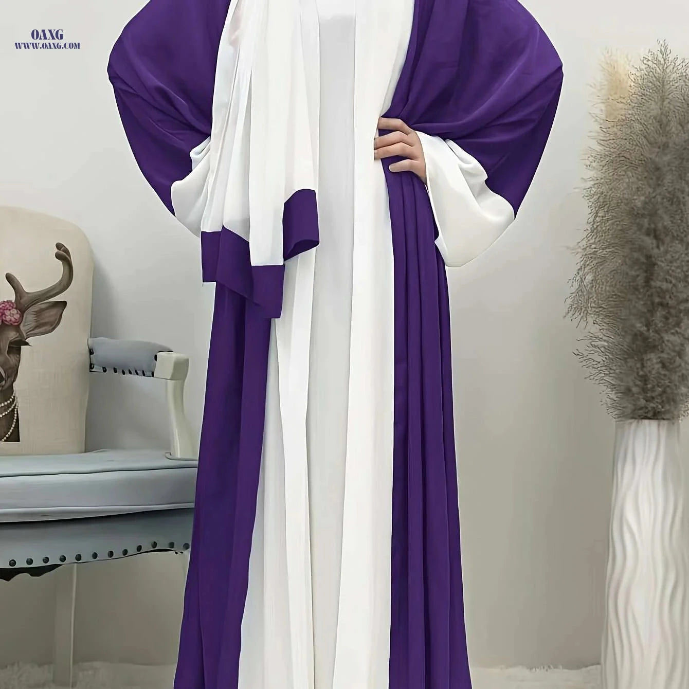 Elegant Ramadan Long Robe Dress - Patchwork Chiffon with Headscarf   OAXG Mixed Color / One-size