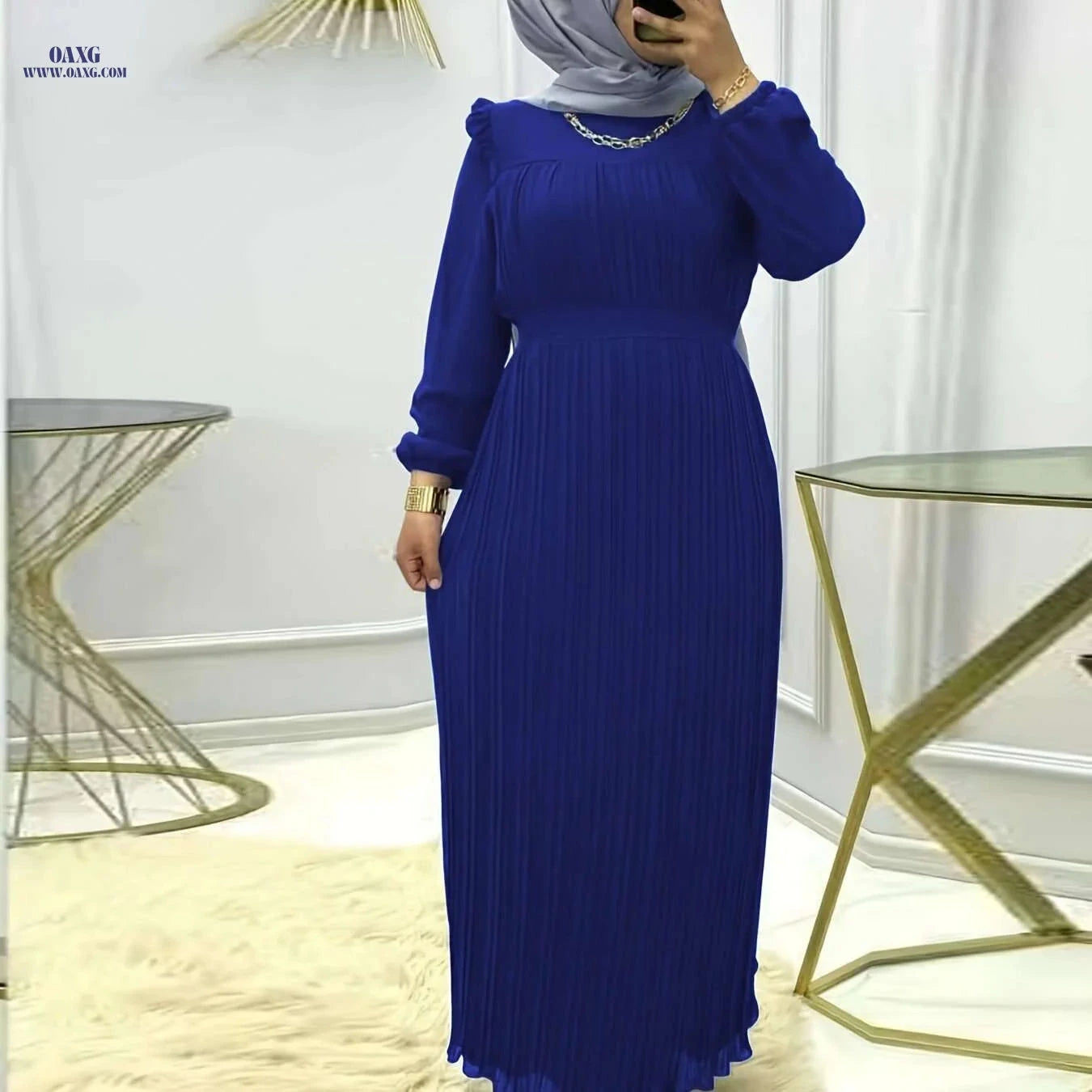 Elegant Ramadan Pleated Maxi Dress - Women's Long Sleeve Modest Dress   OAXG 