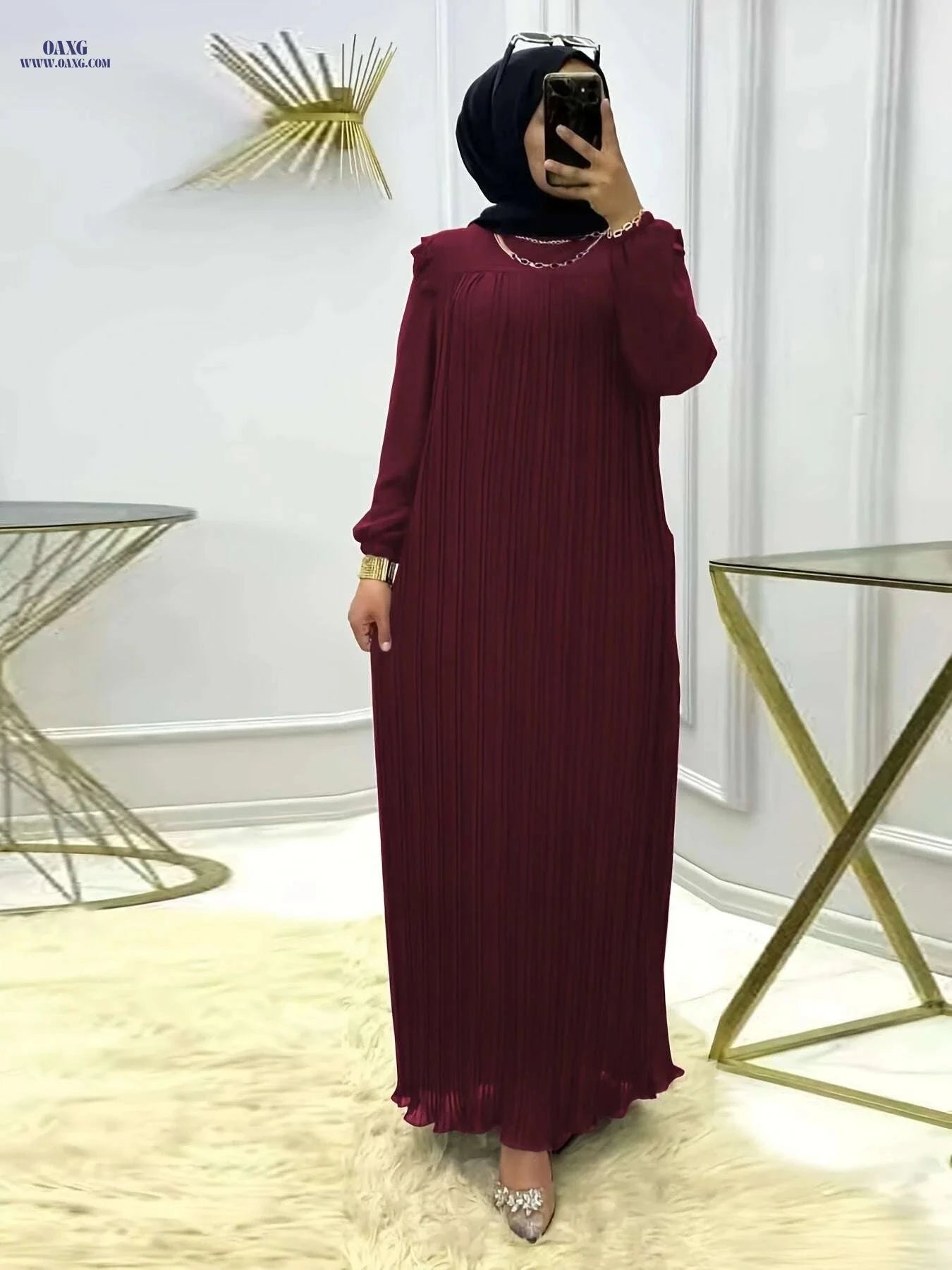 Elegant Ramadan Pleated Maxi Dress - Women's Long Sleeve Modest Dress   OAXG 