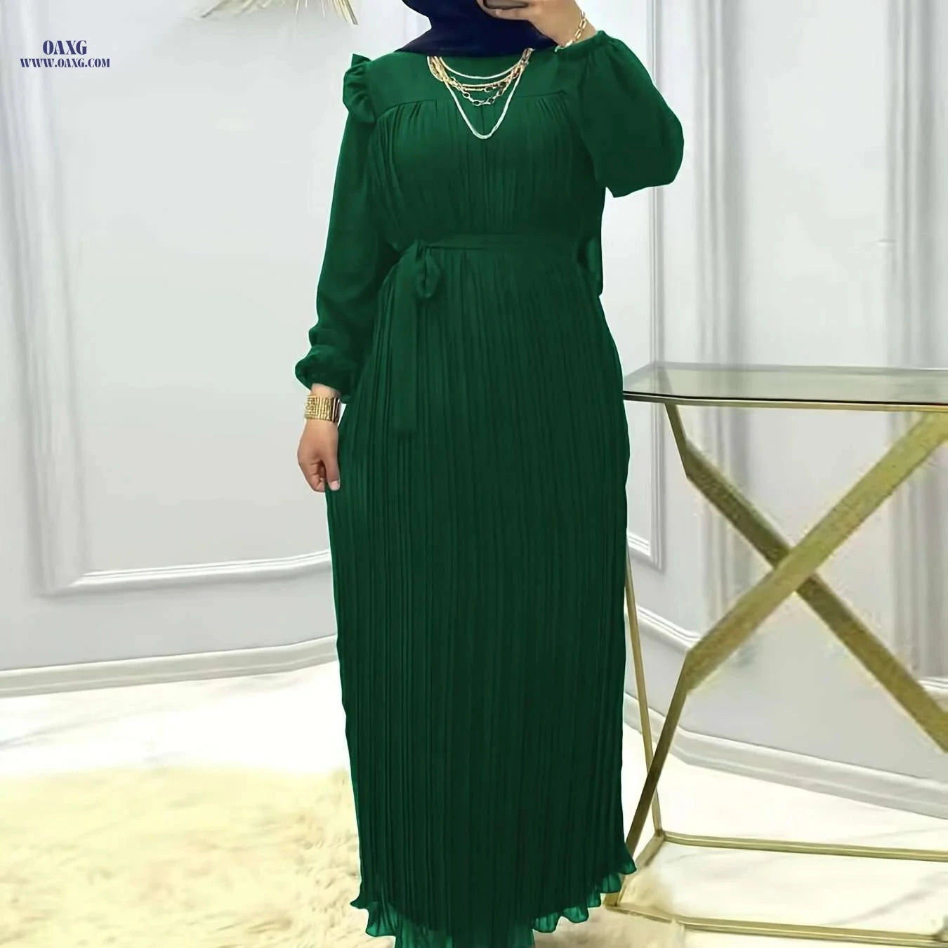 Elegant Ramadan Pleated Maxi Dress - Women's Long Sleeve Modest Dress   OAXG 