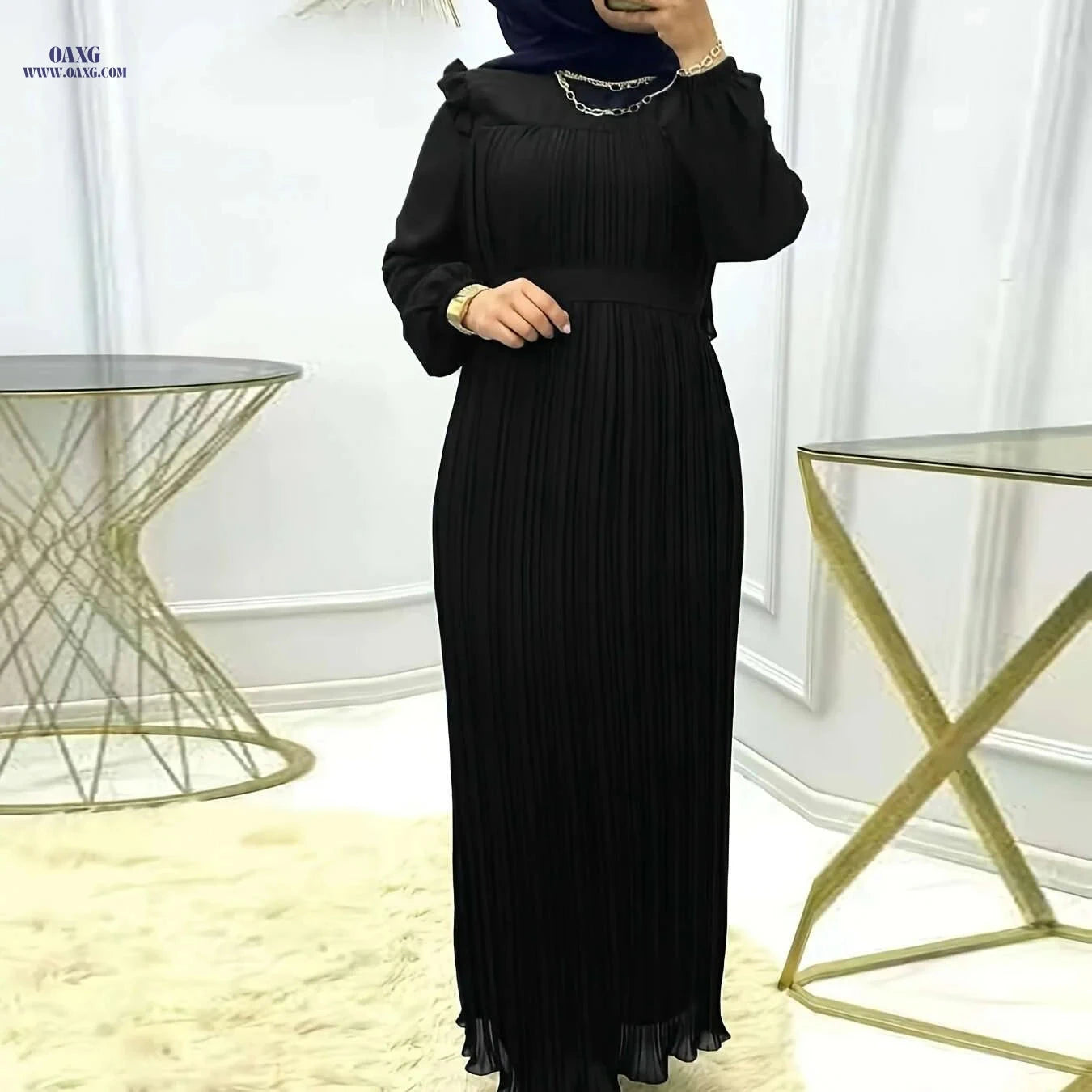 Elegant Ramadan Pleated Maxi Dress - Women's Long Sleeve Modest Dress   OAXG 