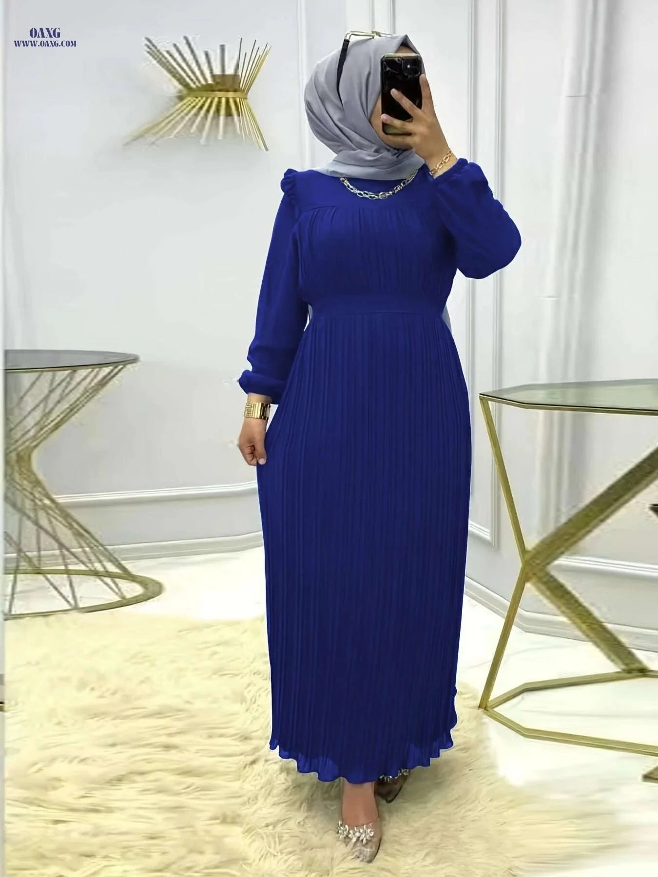 Elegant Ramadan Pleated Maxi Dress - Women's Long Sleeve Modest Dress   OAXG 