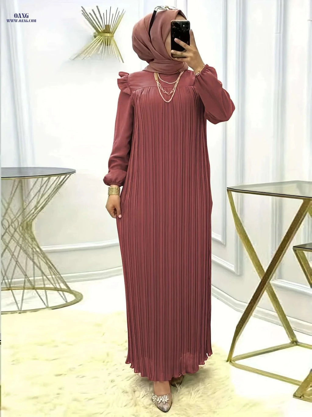Elegant Ramadan Pleated Maxi Dress - Women's Long Sleeve Modest Dress   OAXG 
