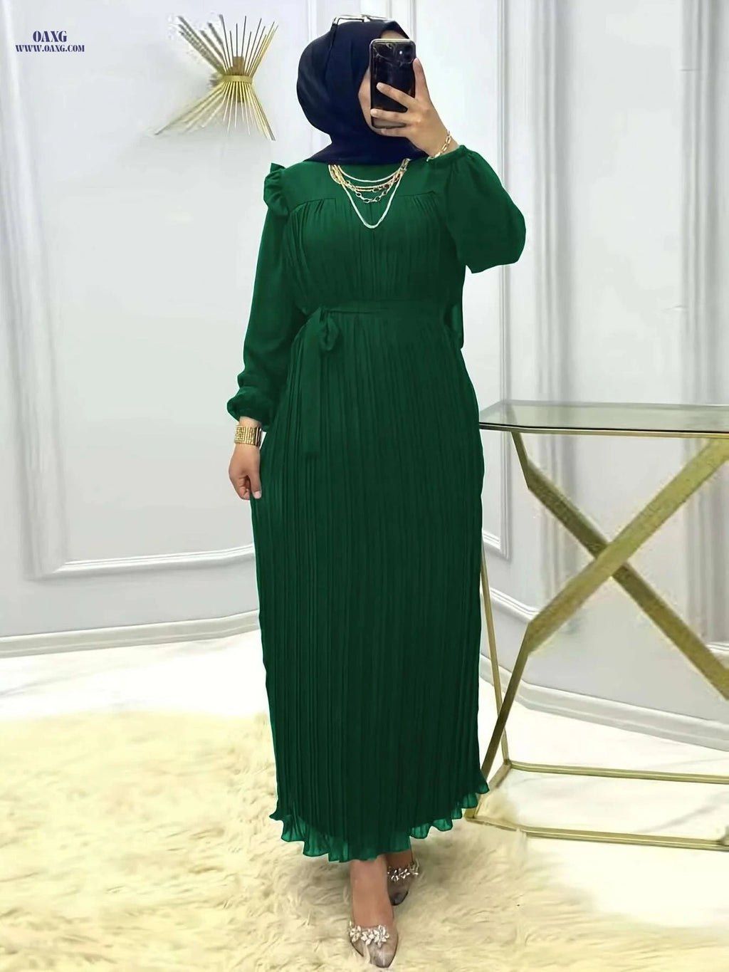 Elegant Ramadan Pleated Maxi Dress - Women's Long Sleeve Modest Dress   OAXG Black / S