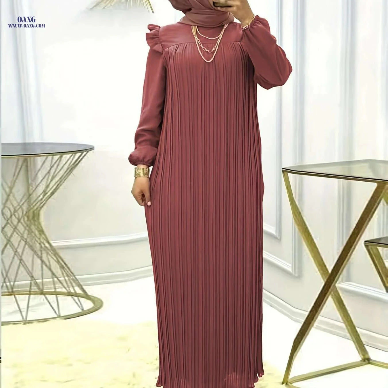 Elegant Ramadan Pleated Maxi Dress - Women's Long Sleeve Modest Dress   OAXG Black / S