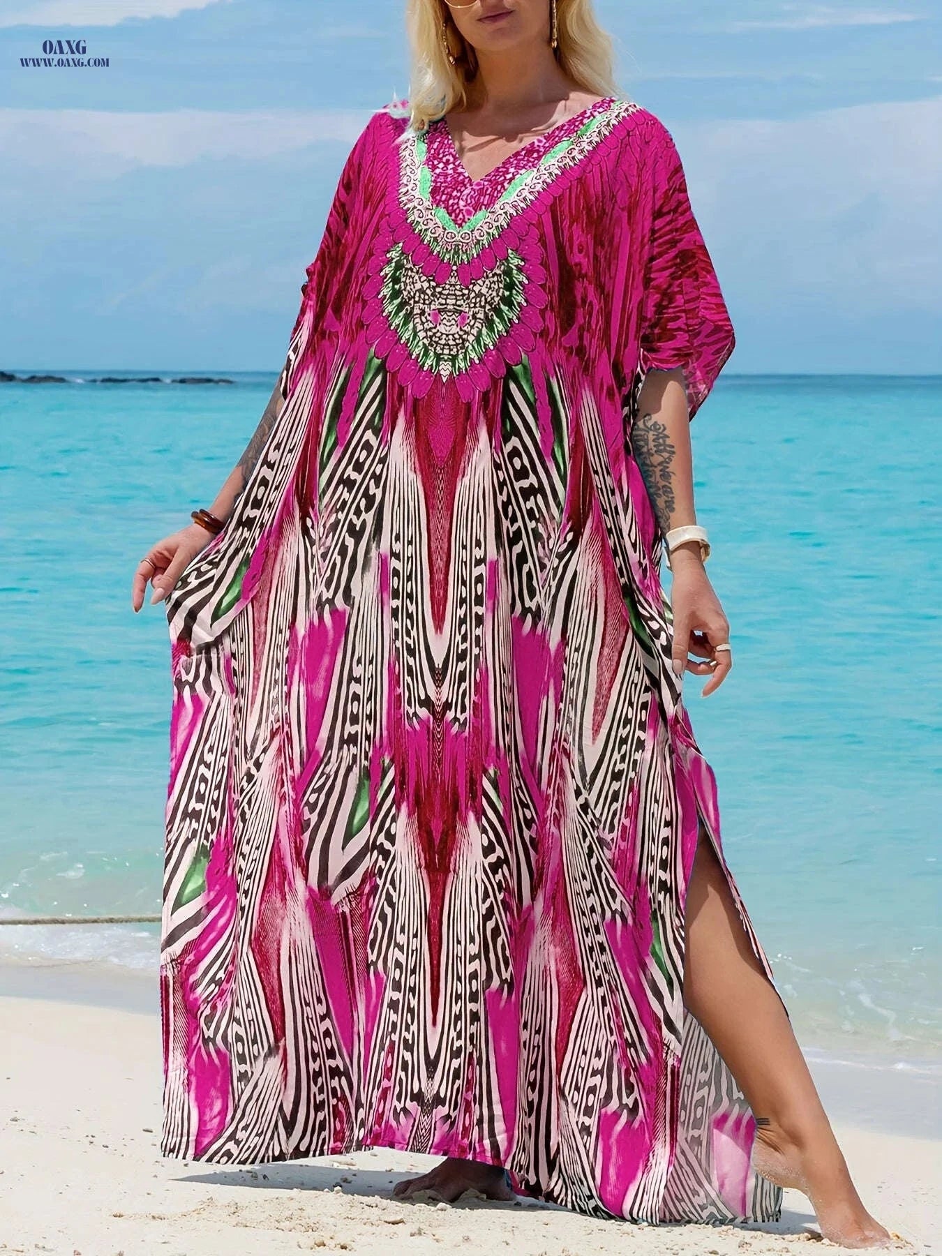 Elegant Ramadan V-neck Kaftan Dress - Batwing Sleeve, Maxi Length   OAXG 