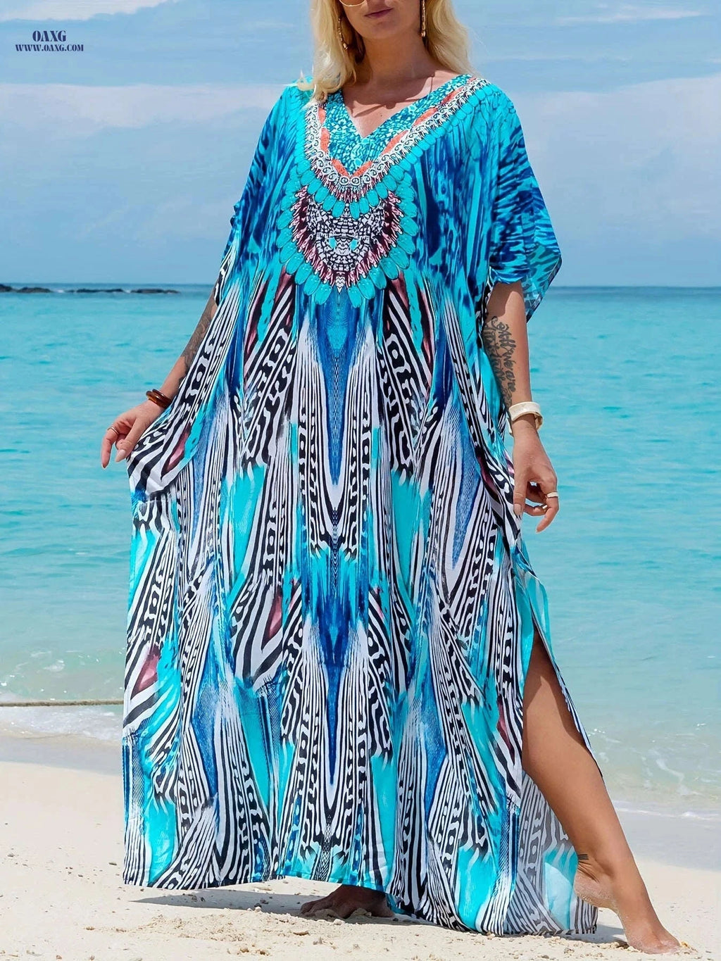 Elegant Ramadan V-neck Kaftan Dress - Batwing Sleeve, Maxi Length   OAXG 