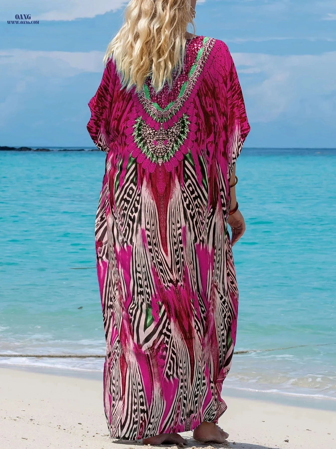 Elegant Ramadan V-neck Kaftan Dress - Batwing Sleeve, Maxi Length   OAXG 