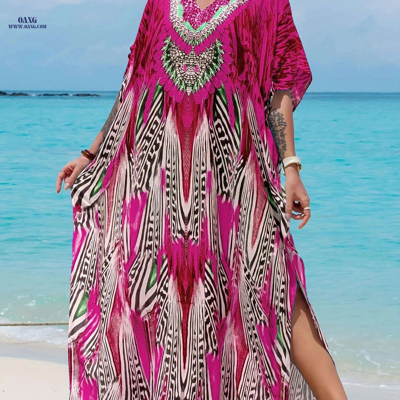 Elegant Ramadan V-neck Kaftan Dress - Batwing Sleeve, Maxi Length   OAXG Sky Blue / One-size