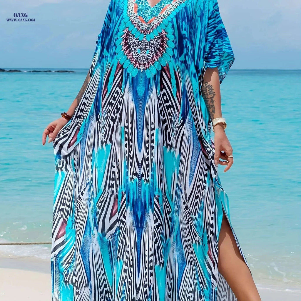 Elegant Ramadan V-neck Kaftan Dress - Batwing Sleeve, Maxi Length   OAXG Sky Blue / One-size